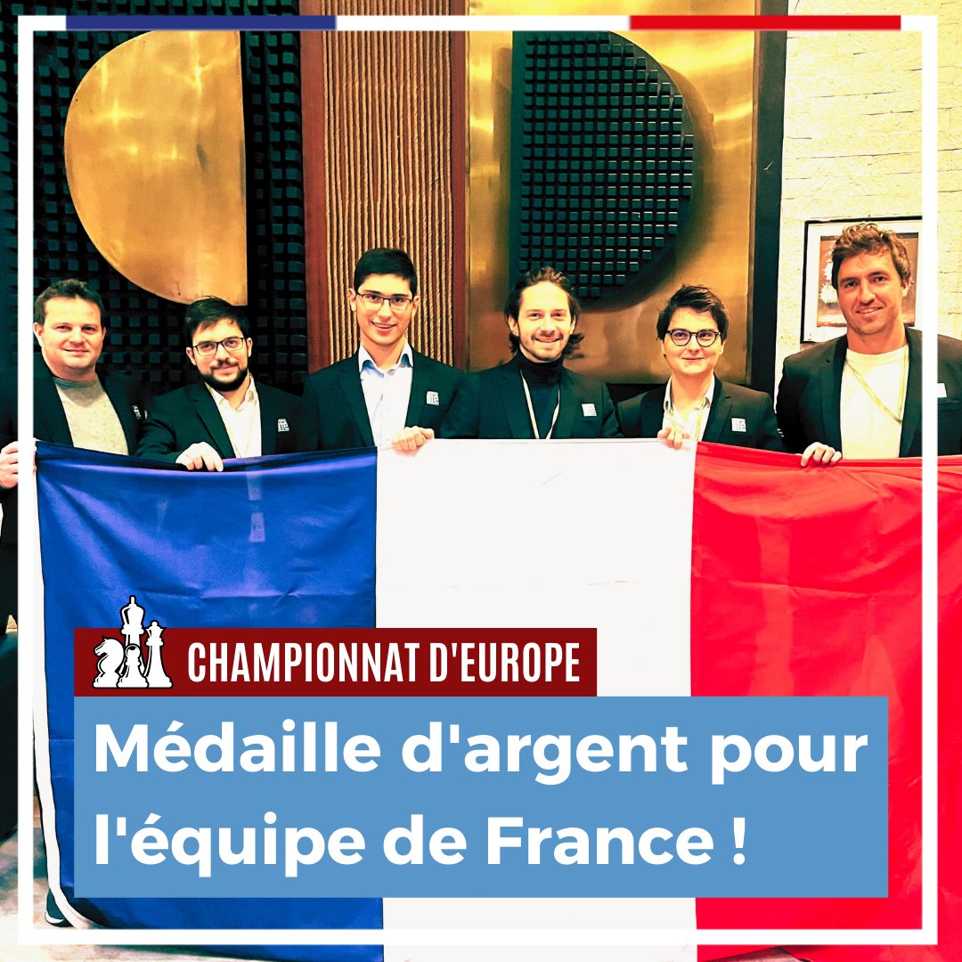 🥈🇫🇷  Médaille d'argent pour l'équipe de France au Championnat d'Europe d'échecs ! 👏👏
L'équipe de France bat l'Azerbaïdjan et n'est devancée que par l'Ukraine, pour quelques petits points au départage.
Un immense bravo aux Bleus !!!
#ETCC2021 #chess #echecs #AllezLaFrance