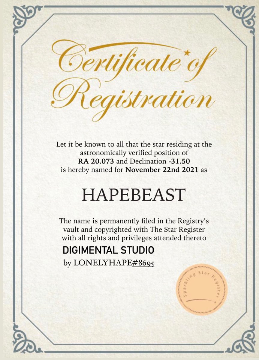 HapeBeast_Star's tweet photo. As a Hape fan, I wanted to immortalize Digimental and HapeBeast via naming them after twin stars side-by-side. 

Certificates and coordinates are attached.Registrations will be also available in NFT form and the ownership will be transferred to @DigimentalLDN @HAPEBEASTGANG https://t.co/zqv2j0ft0B