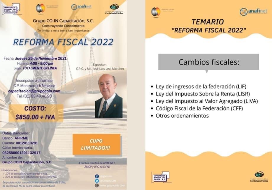 cpjlleal's tweet photo. “REFORMA FISCAL 2022”
Ya listos para el próximo jueves 25 de noviembre???
Totalmente en línea.
LOS ESPERO!!!
@GrupoCOIN @ANAFINET_NL @Anafinet @CNCPmx @AMCPMX @Facpya_UANLMX #cptwiter https://t.co/K7yAR8llcy
