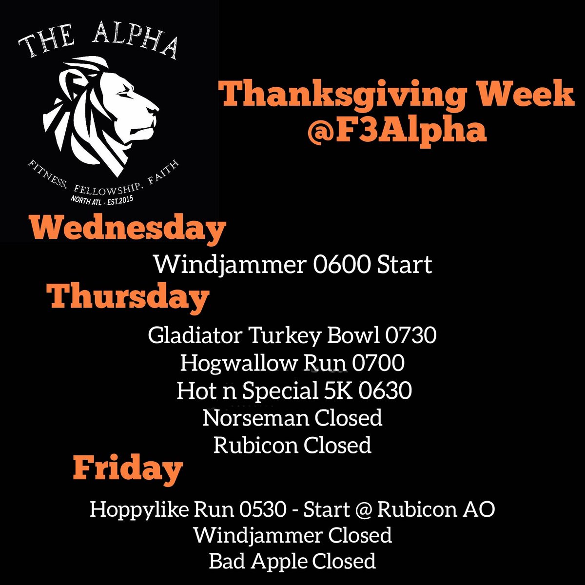 F3Alpha's tweet image. Updated: If you are DR in F3Alpha this week check the schedule changes below. All others at f3Alpha.com/locations keep the usual times but are subject to change so check in before you post. Reply here or chat at F3Alpha.com. SYITG.