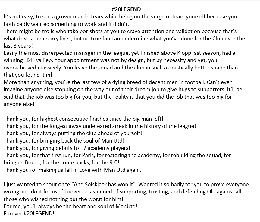 Dujju20's tweet photo. Took a while to process everything and put into words.
#2OLEGEND #Mufc #olegunnarsolskjaer #oleinforever #ThankYouOle https://t.co/0cIJxIfw3U