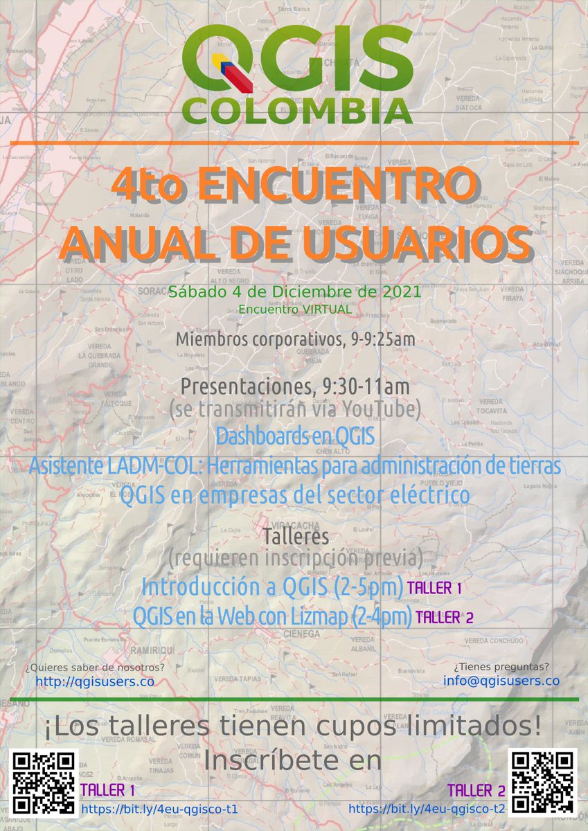 ¡Te invitamos al 4to Encuentro Anual de Usuarios #QGIS Colombia!

Es el sábado 4 de Diciembre y será VIRTUAL.

Tendremos presentaciones abiertas al público en general y talleres. Los talleres requieren inscripción previa.

Si tienes dudas, escríbenos!

¡Nos vemos pronto! #QGISCo