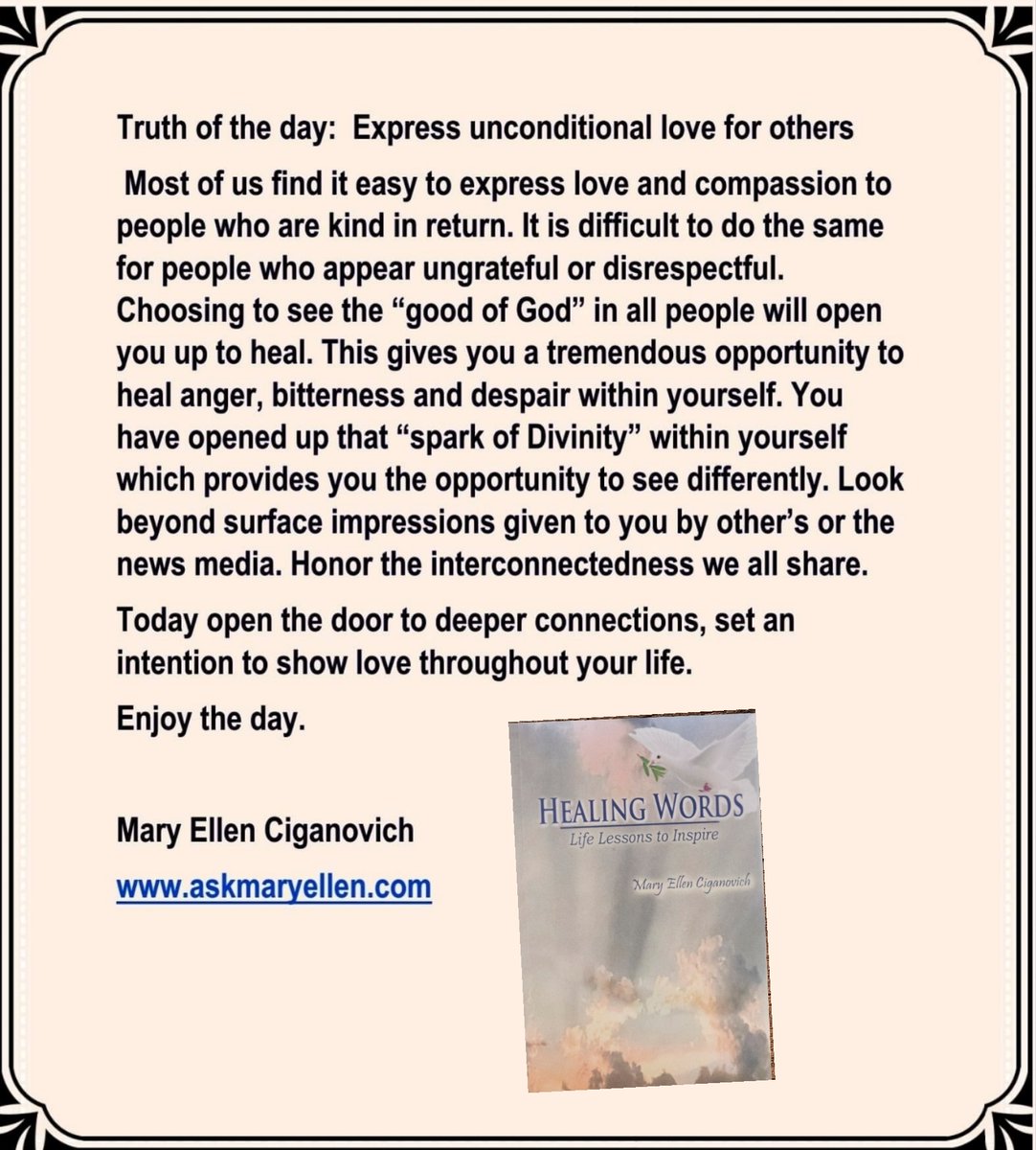 askmaryellen's tweet photo. Truth of the day: Express unconditional love for others. #askmaryellen #truthoftheday #seegoodness #inspirationaltruth #devotionalbook #authorofhealing https://t.co/hb9IJocCDN
https://t.co/HkYQlVA5UQ https://t.co/QpOo6Q93SU