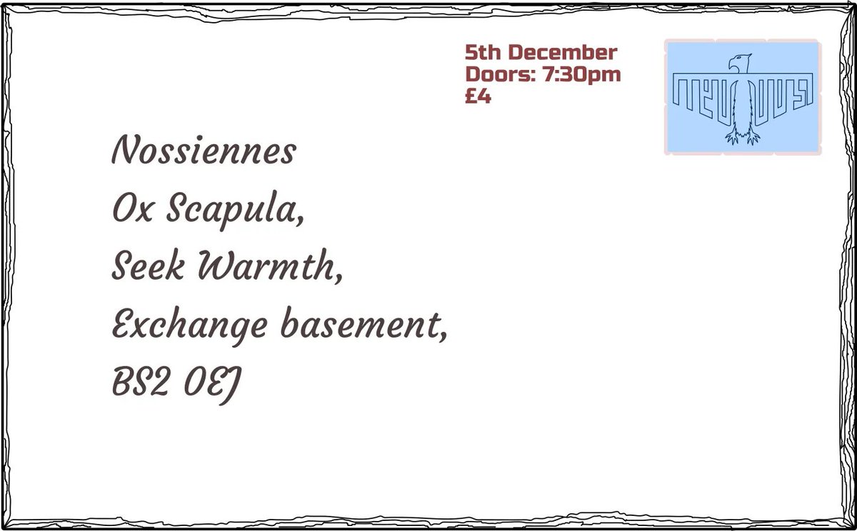 Putting on a show at <a href="/exchangebristol/">Exchange Bristol</a> with nossiennes, ox scapula and <a href="/SeekWarmth/">seek warmth</a> on 5th December. 4 quid in.
Tickets on headfirst: headfirstbristol.co.uk/#date=2021-12-…