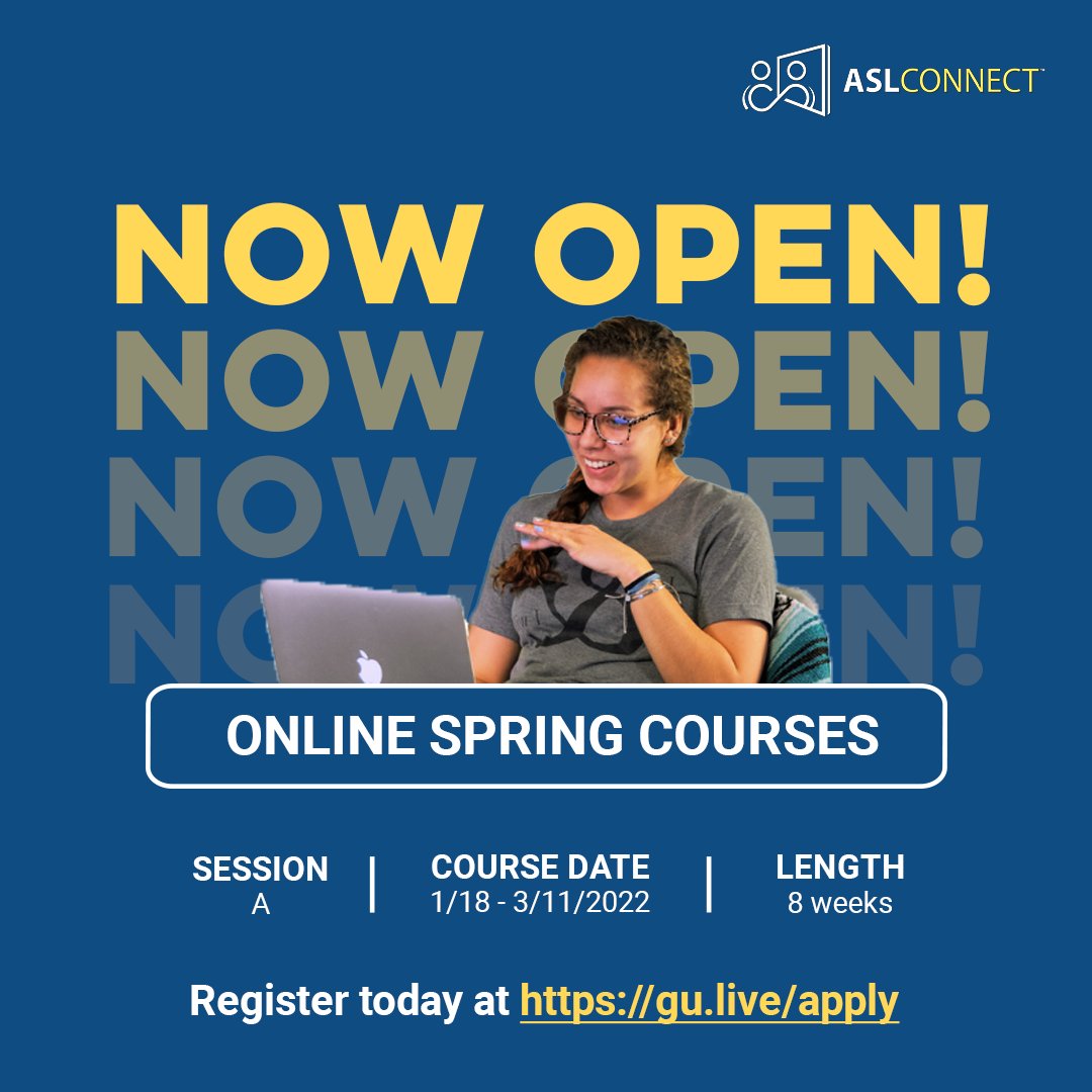 aslconnect's tweet photo. Here's your chance to take our online American Sign Language courses next semester!
Session A: January 18 - March 11, 2022
Register today at https://t.co/kqeRrAFkKg
#Education #AmericanSignLanguage #AmericanSignLanguages #ASLclass #LearnASL #ASLPals #SignLanguage #ConnectWithUs https://t.co/3DL96jLUlO