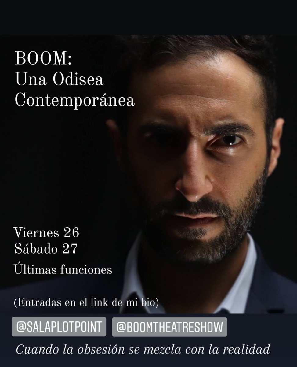 Este viernes 26 y sábado 27 tengo mis últimas funciones de BOOM. Que ilusión tengo! BOOM es algo muy diferente, una obra de teatro puro. Nos habla de la vanidad de la existencia humana, de la soledad, del miedo, de victoria y por supuesto de la derrota.