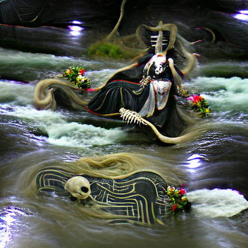 GreyHolo's tweet photo. AI Generated Image (VQGAN + Clip) Parameters - Goddess of death flowing in the river of time. Going to use this as a reference piece soon! #AI #digitalart https://t.co/fxktOs0A1a