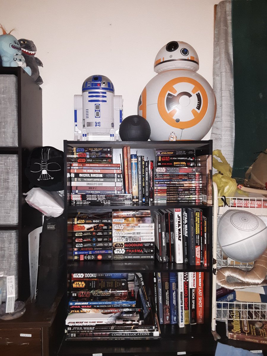 PyriteHearts's tweet photo. In the process of rearranging my side of the room, got a new shelf and although it's almost full with just star wars books there are plenty more yet to buy. Only a few are technically my husband's books but we're grouping them together in the collection #StarWars #StarWarsLegends https://t.co/uYEwBa1mlT