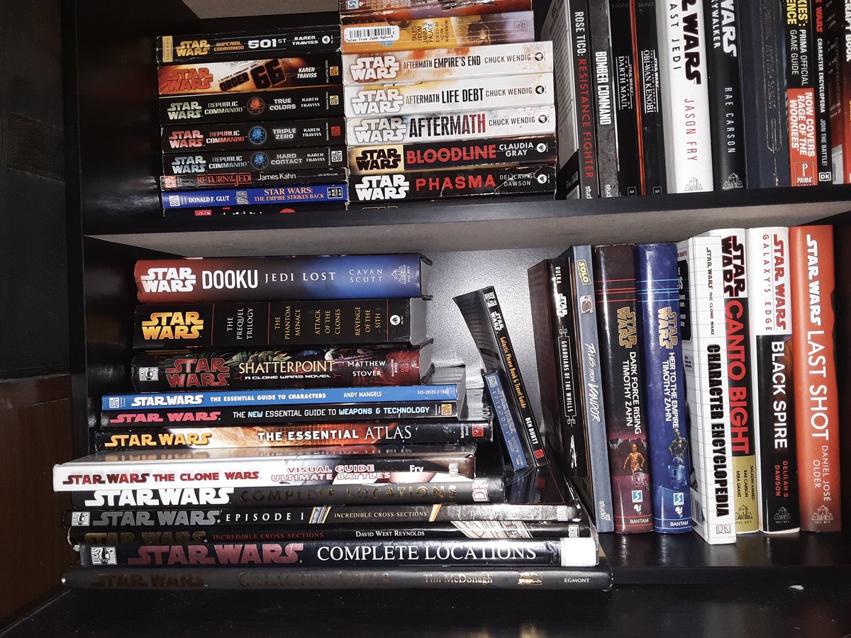 PyriteHearts's tweet photo. In the process of rearranging my side of the room, got a new shelf and although it's almost full with just star wars books there are plenty more yet to buy. Only a few are technically my husband's books but we're grouping them together in the collection #StarWars #StarWarsLegends https://t.co/uYEwBa1mlT