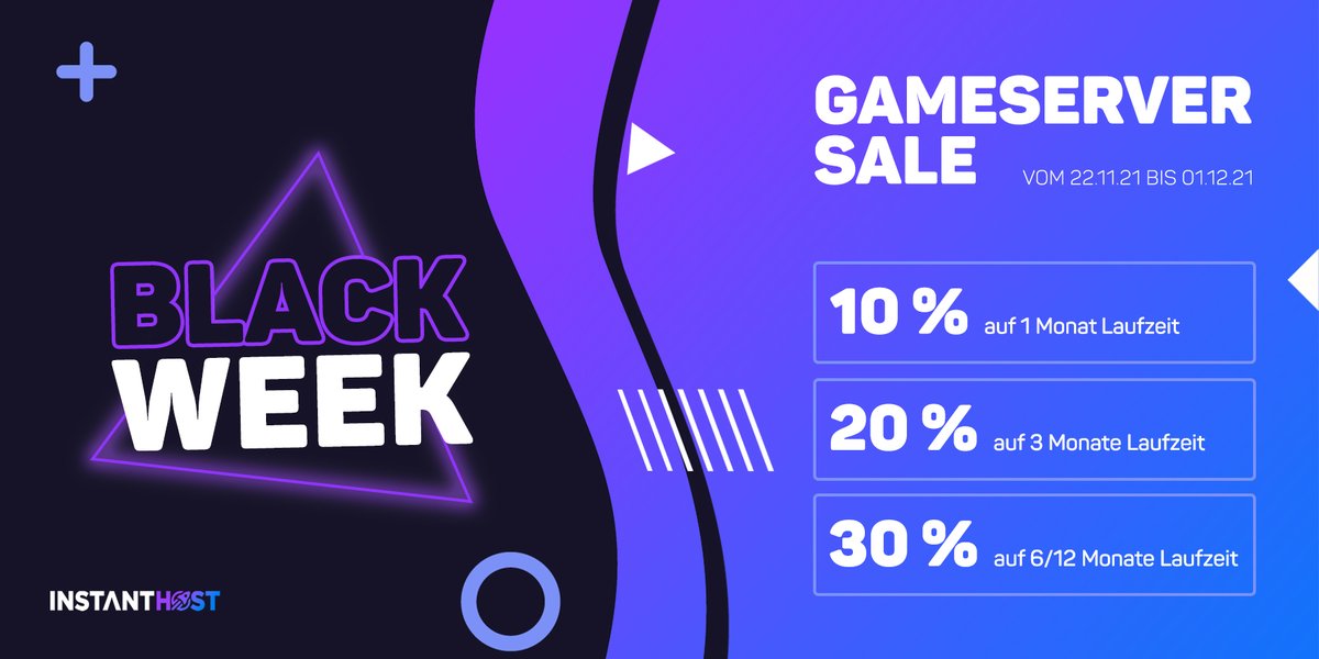 🛍️ #BLACKWEEK BEI INSTANTHOST 🥳

Spare bis zu 30% auf Gameserver:

➡️ BLACKWEEK10 - 1 Monat Laufzeit
➡️ BLACKWEEK20 - 3 Monate Laufzeit
➡️ BLACKWEEK30 - 6/12 Monate Laufzeit

👉 instanthost.gg/gameserver

*⃣ Diese Aktion gilt bis zum 01.12. und nur solange der Vorrat reicht!