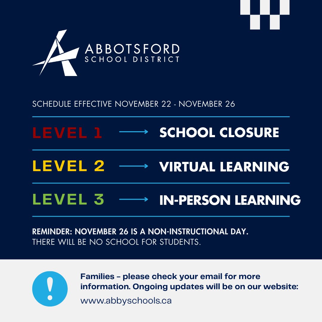 #AbbySchools will continue to implement a variety of closures, virtual learning + in-person instructional arrangements for the week of Nov. 22-26.
--
📩 Details have been emailed to families
➡️ Updates will be posted on our website
--
abbyschools.ca