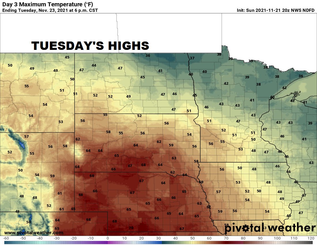WARMER WEATHER: South winds on Tuesday around 15-25 MPH will push temperatures into the 50's in southern Minnesota! #MNwx https://t.co/CU2LYqyUo2