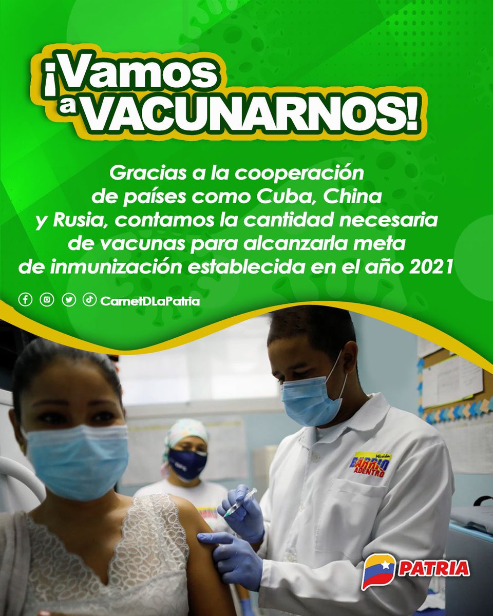 CarnetDLaPatria's tweet photo. #Entérate El Gobierno Bolivariano triplica los esfuerzos de vacunación para proteger al pueblo venezolano de la Covid-19.

¡Vamos a vacunarnos!

#OperaciónRepública2021 #21Nov https://t.co/6moB9ZhYEO