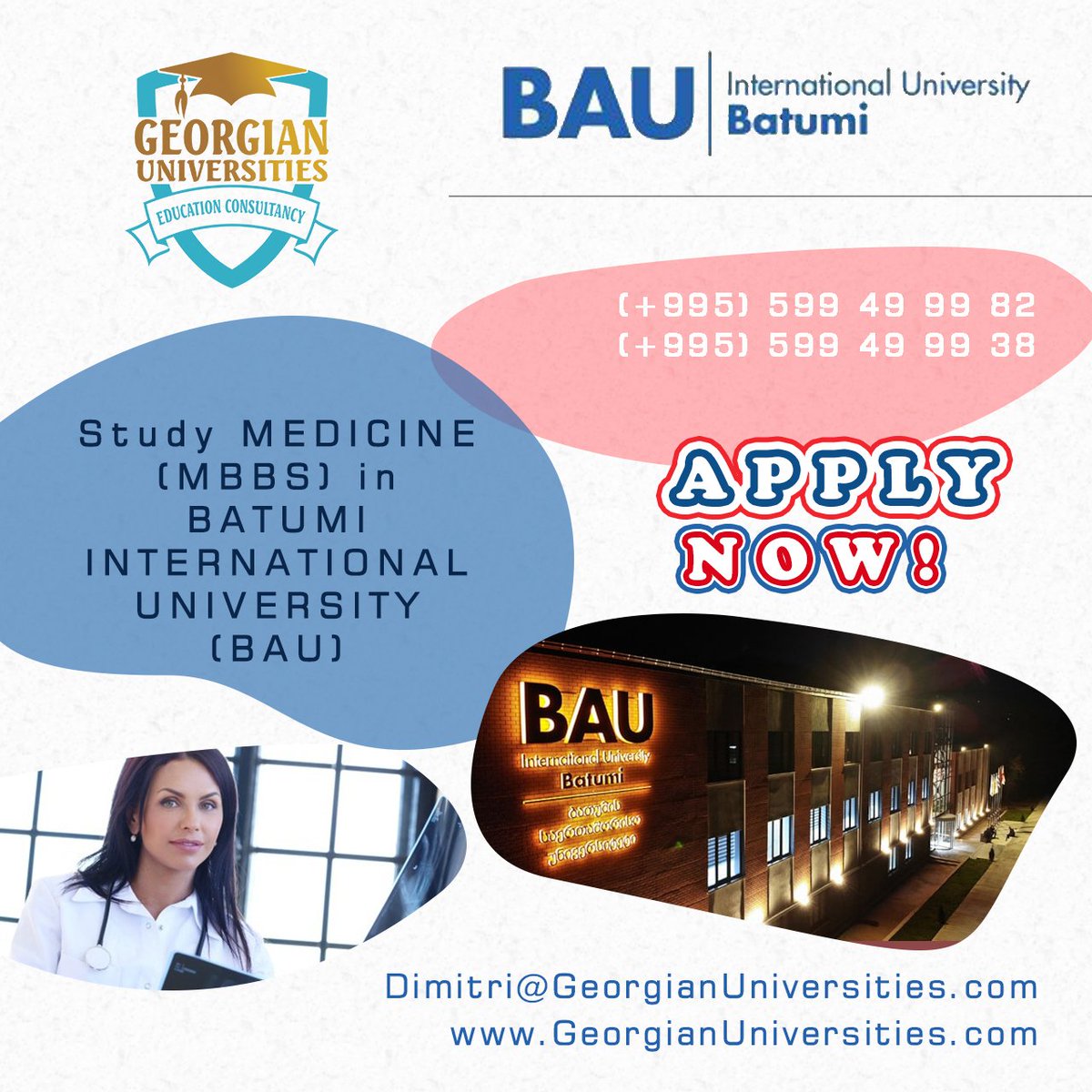 GeoUniversities's tweet photo. Study Medicine (MBBS) in Batumi International University (BAU)
#studyingeorgia
#study_in_georgia
#mbbsingeorgia
#georgianuniversities
DM for additional information 👆 https://t.co/krHIXv0UPA