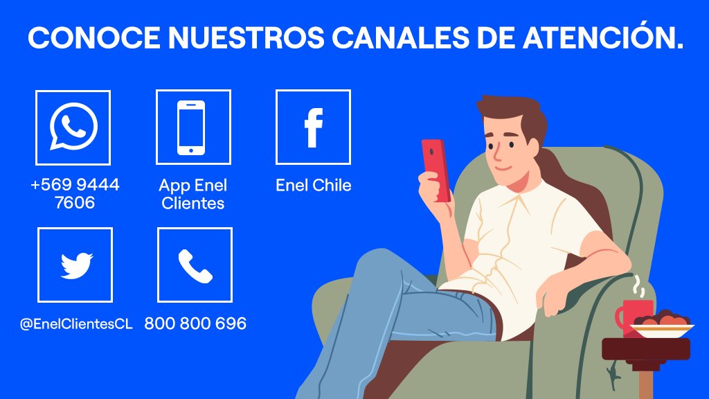 Enel_Informa_CL's tweet photo. Sigamos en contacto a través de nuestros canales de atención 💬: WhatsApp, Redes Sociales, App Enel, o llamándonos a nuestro Call Center. Conócelos todos en https://t.co/qP6l09cLZK #Conversemos #EnelTeEscucha https://t.co/FZhgzf3H5J