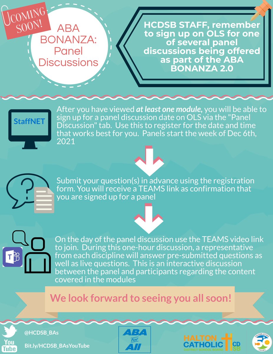 Do any <a href="/HCDSB/">Halton Catholic DSB</a> staff have questions after watching our #ABABonanza modules⁉️ Be sure to join the conversation and sign up for a panel discussion with the corresponding session link on OLS 🗨️#ABAforAll <a href="/hcdsbSEAC/">SEAC</a>