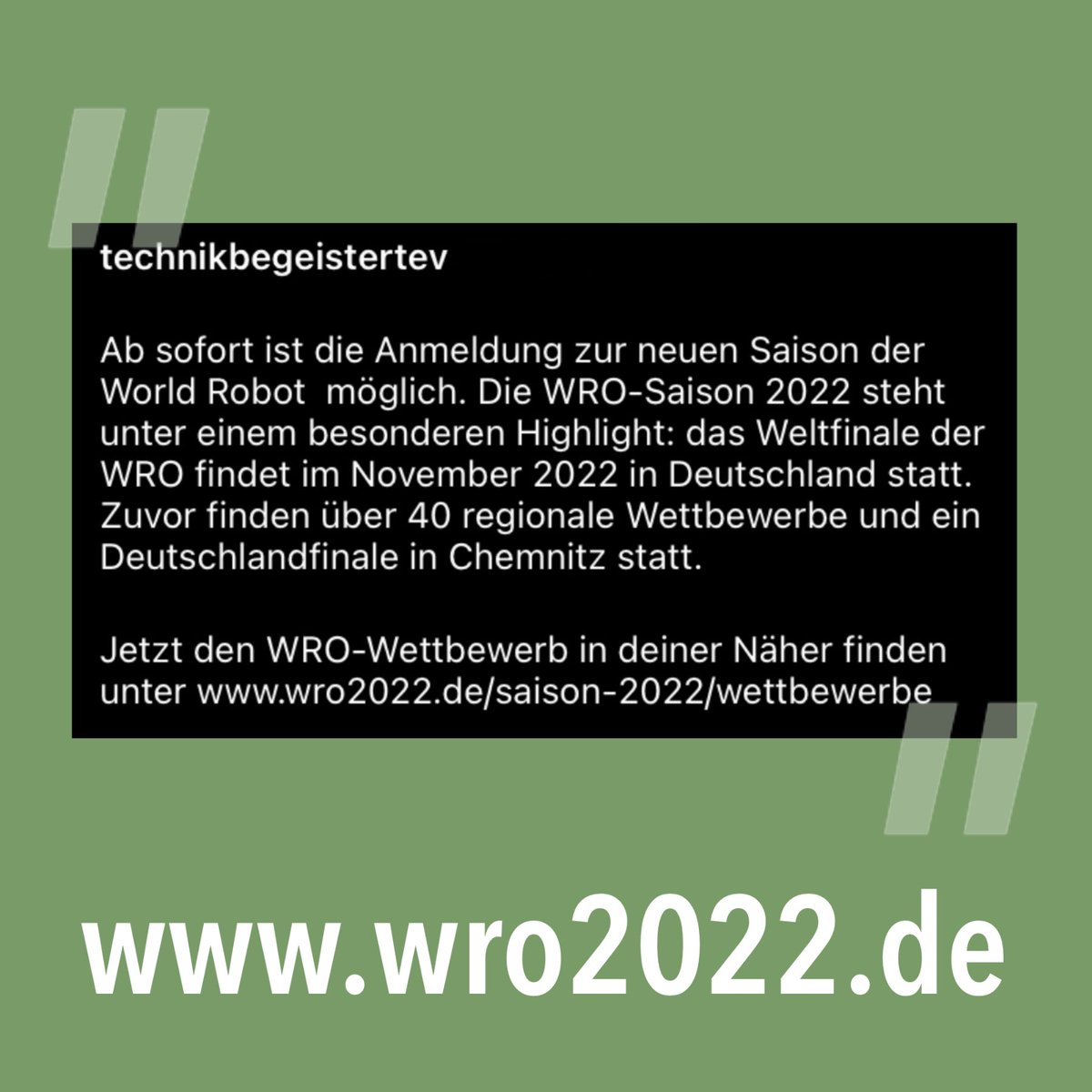 Jetzt anmelden und bei der World Robot Olympiad 2022 dabei sein! Infos unter wro2022.de

#wro #wro2022 #worlrobotolympiad #hamburg #twlz #twitterlehrerzimmer