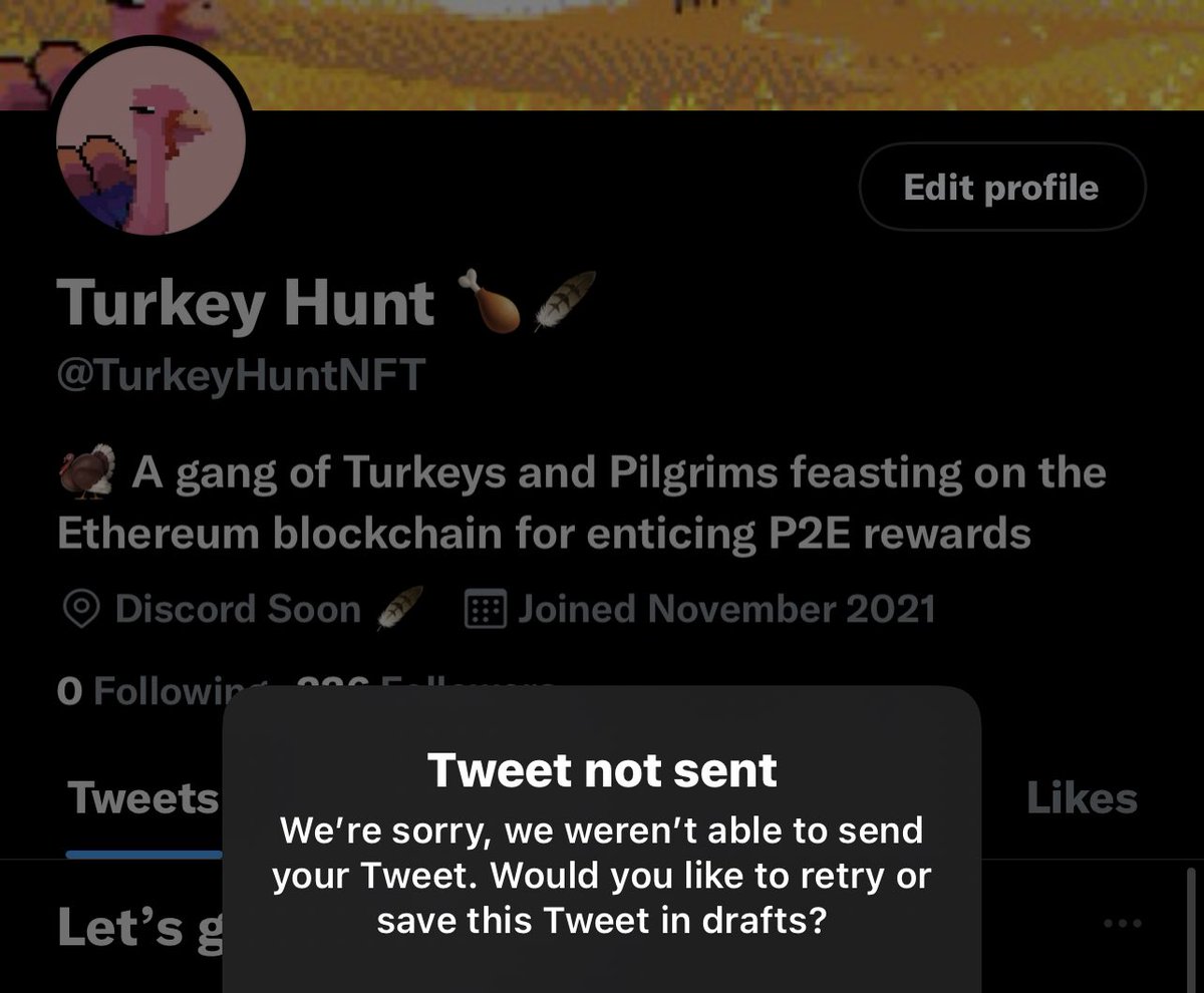 TurkeyHuntNFT's tweet photo. We woke up to our twitter restricted 😞 

We love the hype &amp; twitter just couldn’t handle all the !Gobble 🦃

Who can help us get back to where we were? Lots planned for today 🍗

#NFTs #NFTGiveaway #P2E #NFT https://t.co/lzFsKCGSW9