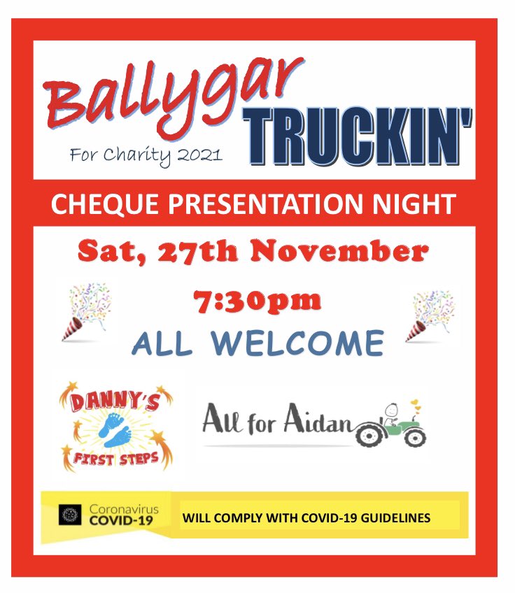Delighted to be able to invite you to our #ChequePresentation to <a href="/DannysFirstStep/">DannysFirstSteps</a> &amp; #AllForAidan @ 7:30pm
27th November
ALL WELCOME 🚛💃🏻🚜
