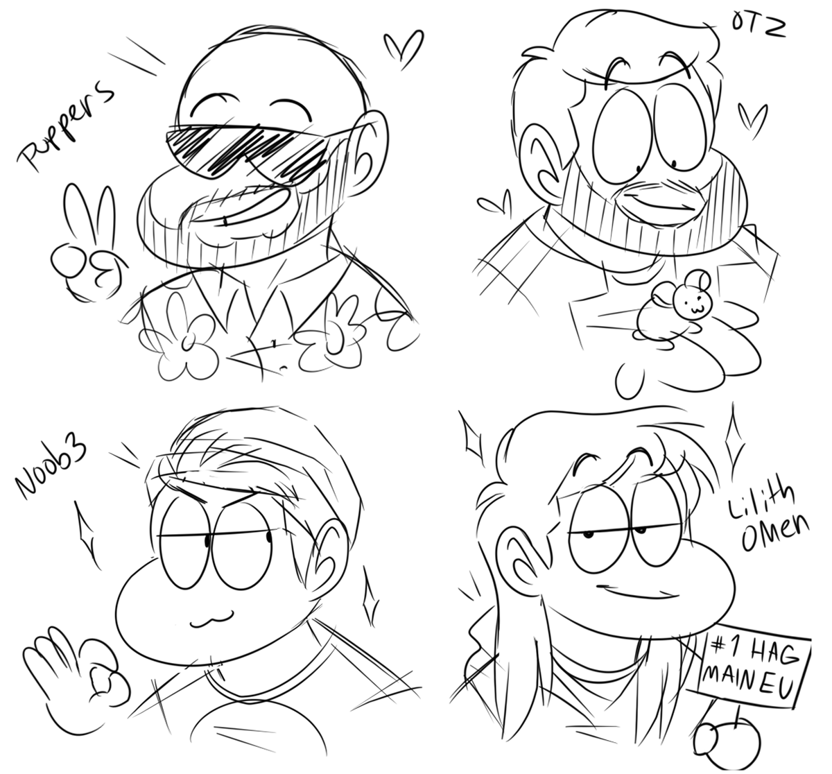 Some quick doodles of all my favorite DBD content creators 🧡 @PuppersTV @OtzdarvaYT @No0b3_tv @lilithomen 