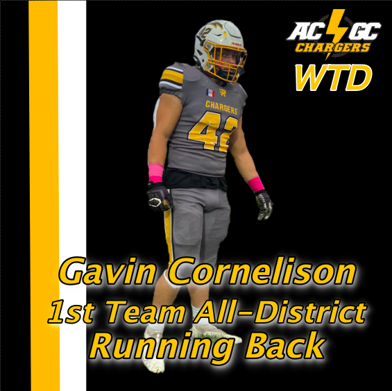 1st Team All-District RB - Gavin Cornelison

Gavin finished his career with 4,254 rushing yards, 68 TDs, &amp; 176.5 tackles. All ACGC Career records. He also finished his career with 26.5 tackles for loss. 

Congrats Gavin!