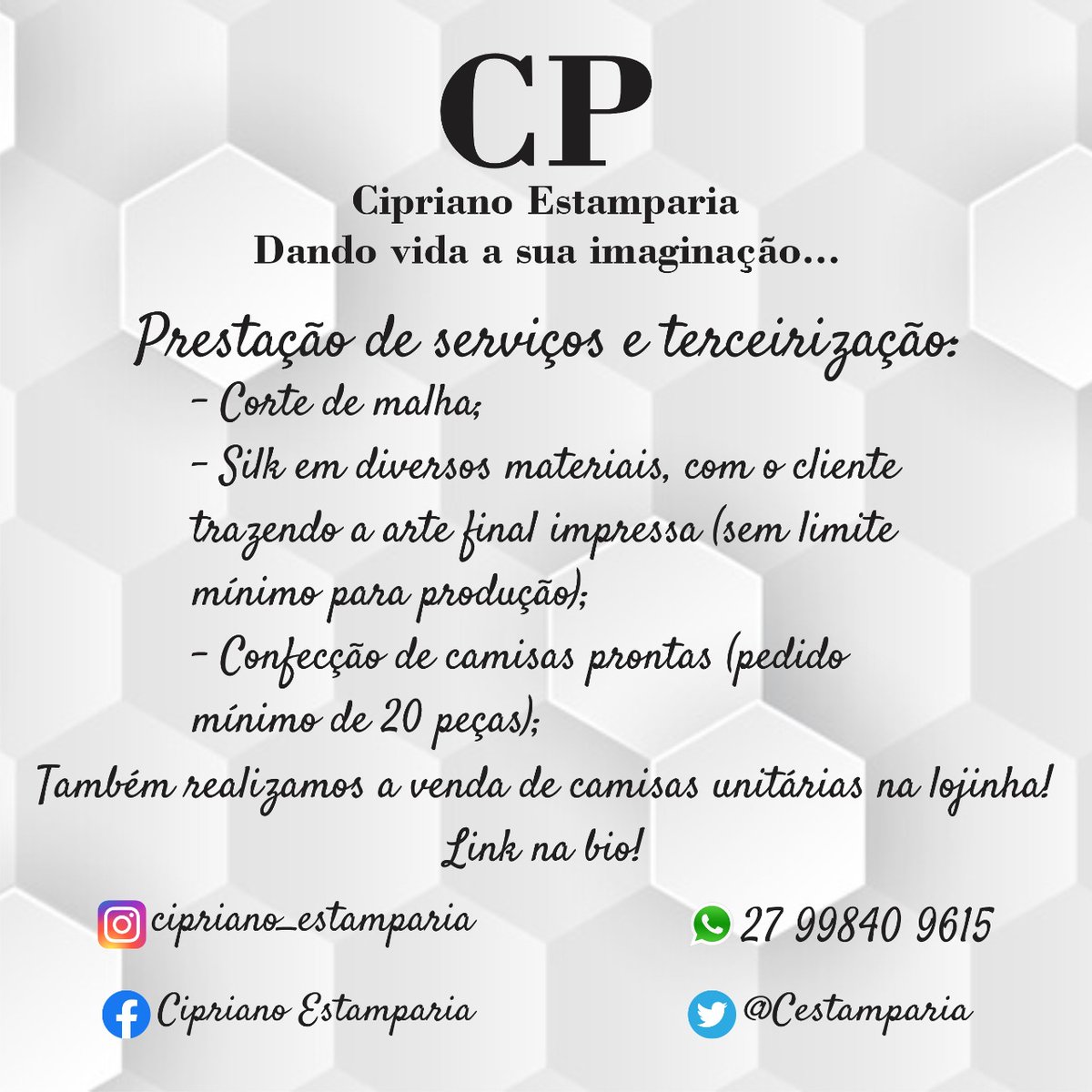 CEstamparia's tweet photo. Somos uma estamparia versátil, há 8 anos no mercado servindo nossos clientes com qualidade e dedicação.

#SegundaDetremuraSdv https://t.co/V6LBxi4wQR