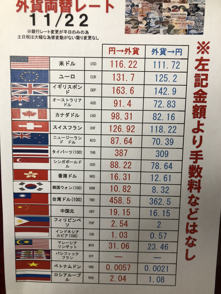 高槻店11/22外貨両替レートです 店舗詳細https://t.co/5KUijsXDFl