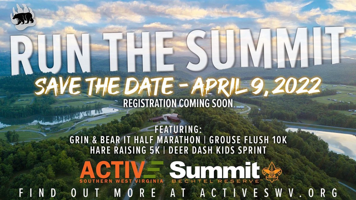 ActiveSWV's tweet photo. Active SWV is bringing you a new series of running race events; Grin &amp; Bear It - Half Marathon, Grouse Flush - 10K, and Hare Raising - 5K all held at The Summit Bechtel Reserve on 4/9/22
Receive notifications https://t.co/TfNH8zz8zs. Registration opening the first of January. https://t.co/7eY6ylgrAr
