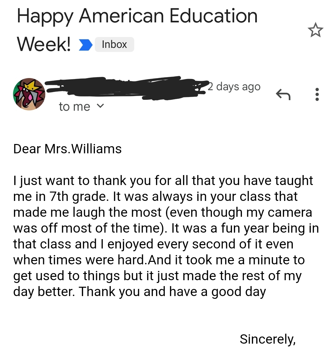 Science1Teach's tweet photo. One of my last year's virtual students sent me an email for American Education Week (Though his camera was off I could count on him to participate). This is good motivation to complete these last two days before Thanksgiving Break. #connectin5 https://t.co/14hywUYFEg