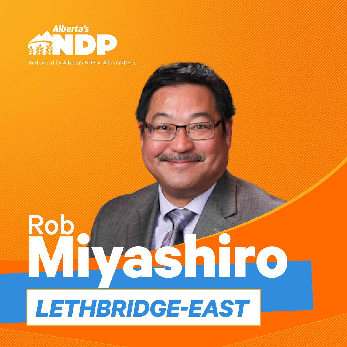 Our Lethbridge-East NDP candidate in the next provincial election is <a href="/RobMiyashiro1/">Rob Miyashiro</a>. 🍊🎉 

Donate directly to his campaign here:
➡️  act.albertandp.ca/donate/lthe 

#ableg #abpoli #abndp #abelxn23 #lethbridge #yql