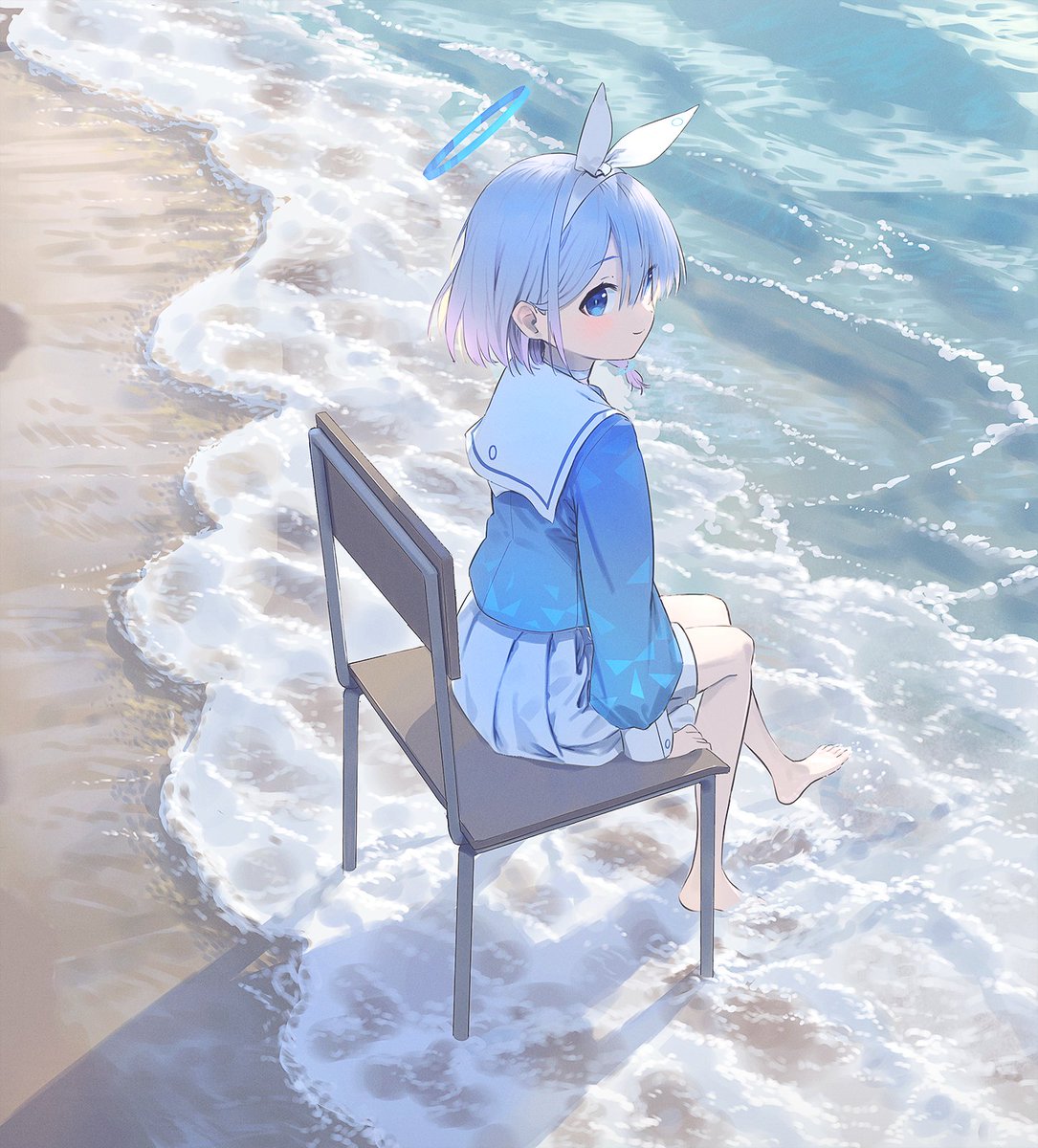arona (blue archive) 1girl solo skirt barefoot blue eyes chair sitting  illustration images