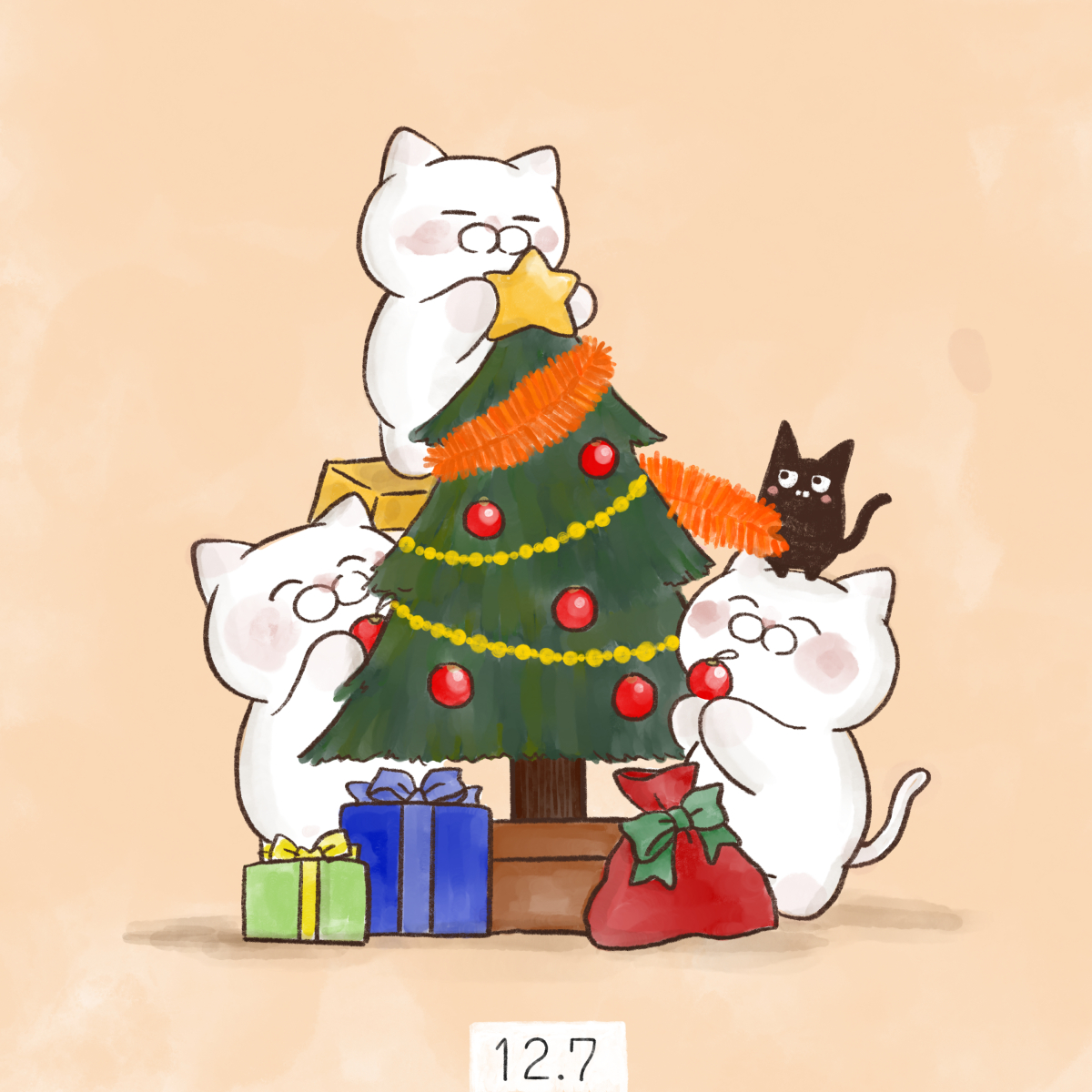 「12月7日
【クリスマスツリーの日】

1886年12月7日に、横浜で外国人船員」|大和猫のイラスト