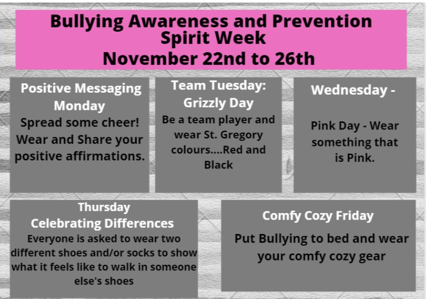 Tomorrow begins our Bullying Awareness and Prevention Spirit Week. Let’s spread some cheer and kindness today as well as positive messages. Thank you <a href="/StClareDP/">StClare</a> for your kindness!