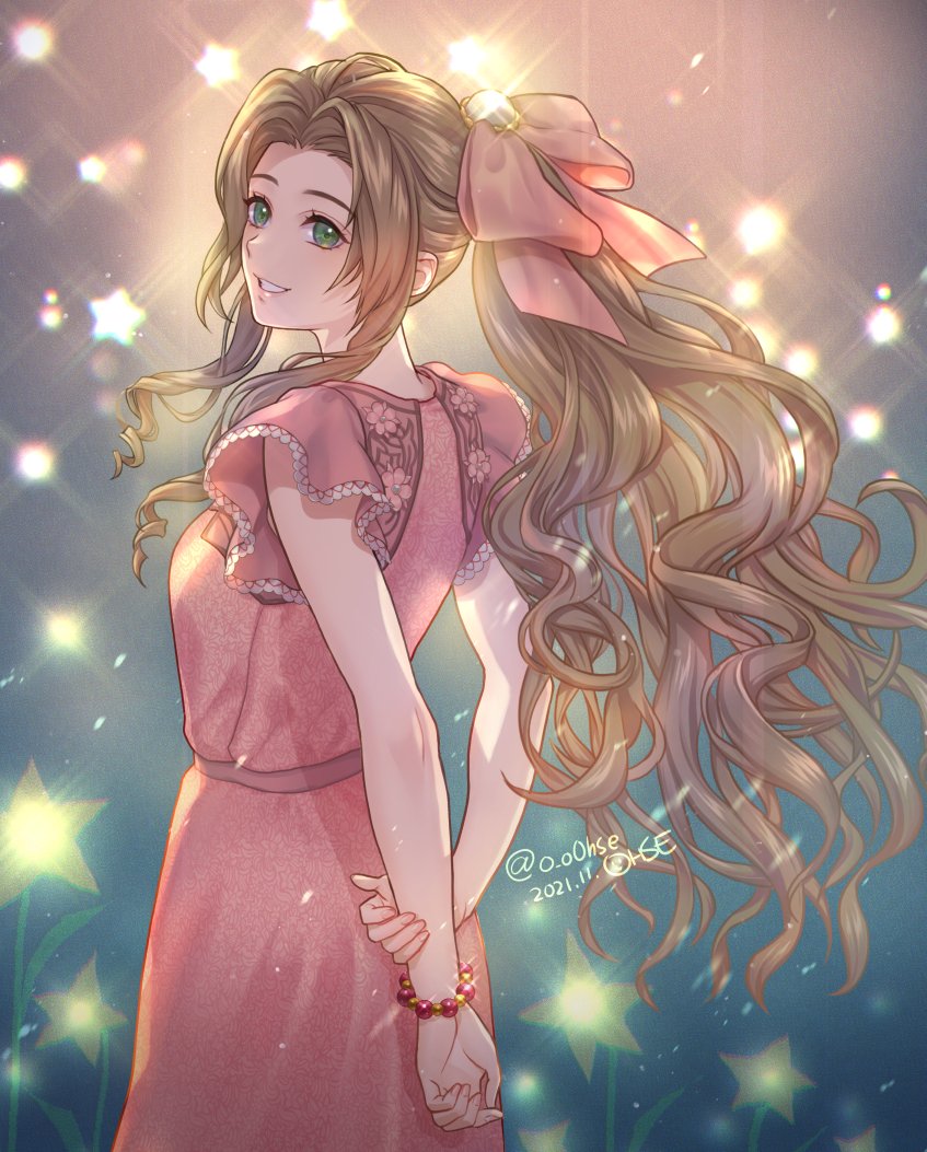 aerith gainsborough 1girl dress solo bracelet green eyes arms behind back jewelry  illustration images