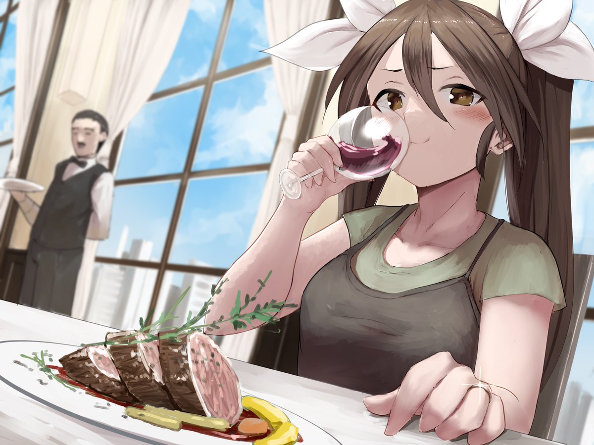 tone (kancolle) 1girl drinking glass twintails cup 1boy wine glass long hair  illustration images