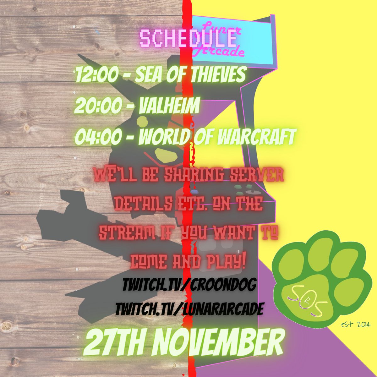 Lunar_Arcade's tweet photo. The #24HourStream draws ever closer! We've settled on the games and rough timings for them if people want to join us!

https://t.co/URQtuCjxlZ

https://t.co/bIMU8LRLG2

https://t.co/RNIYyNWJnR… 

#CharityStream #SeaofThieves #Valheim #WorldofWarcraft @TheCroondog https://t.co/9gGUyz2gej