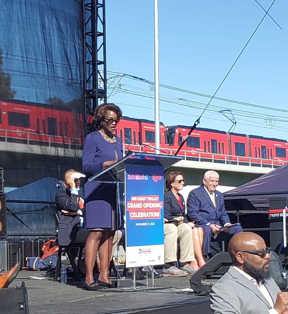 peterpeyser's tweet photo. FTA Administrator Nuria Fernandez speaks at opening of Mid-Coast Trolley Expansion. Great day for San Diego and @SANDAG @sdmts @FTA_DOT https://t.co/wABI2MnIaI