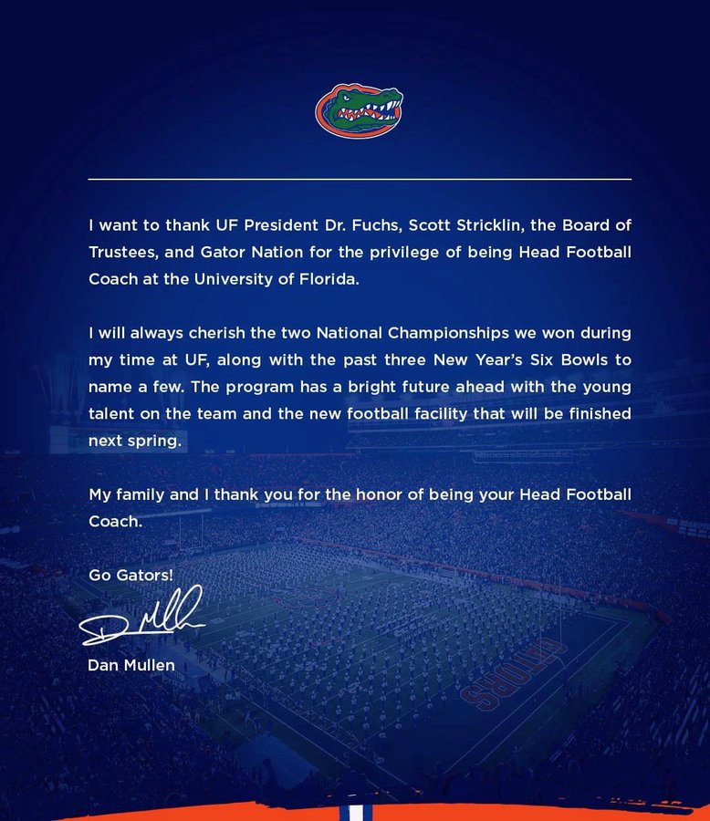 Dan Mullen Releases Statement, Says Goodbye to Florida Gators - Sports  Illustrated Florida Gators News, Analysis and More