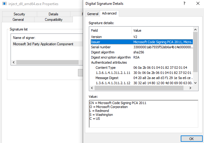 mrd0x's tweet photo. I mentioned a few days ago that there's two LOLBIN binaries that do DLL injection.

After re-checking the digital signature I don't believe they're considered LOLBINs (correct me if I'm wrong) but since they're interesting I'll share them anyway. (1/2) https://t.co/en8TucPALd
