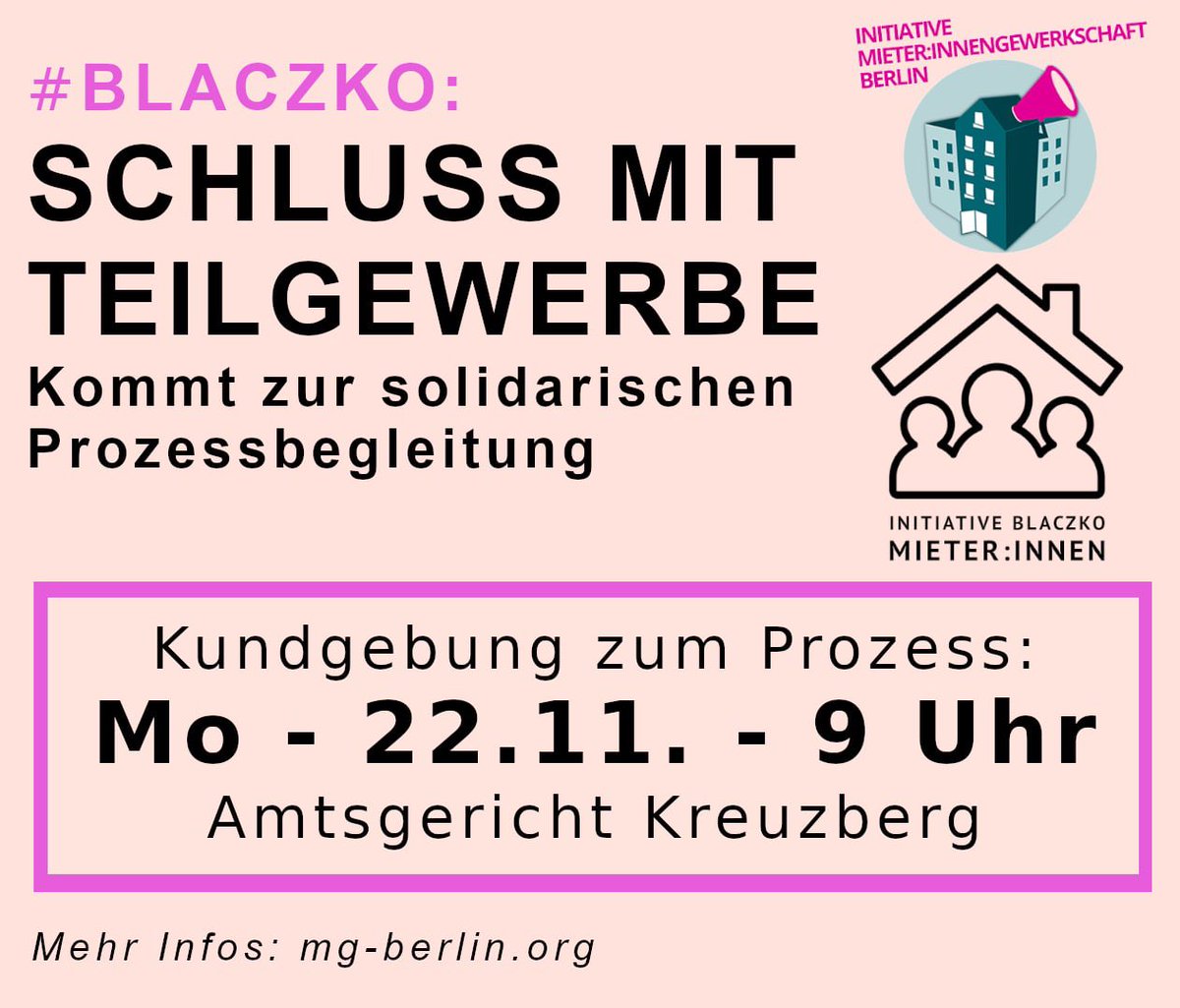 Morgen unterstützen wir eine Mieterin von #Blaczko vor Gericht! Um wir freuen uns über eure Unterstützung. Denn sollten wir den Prozess gewinnen heißt das starke Mietsenkungen für viele Mieter:innen bei der Horrorhausverwaltung! 

Wir sind gespannt. #b2211