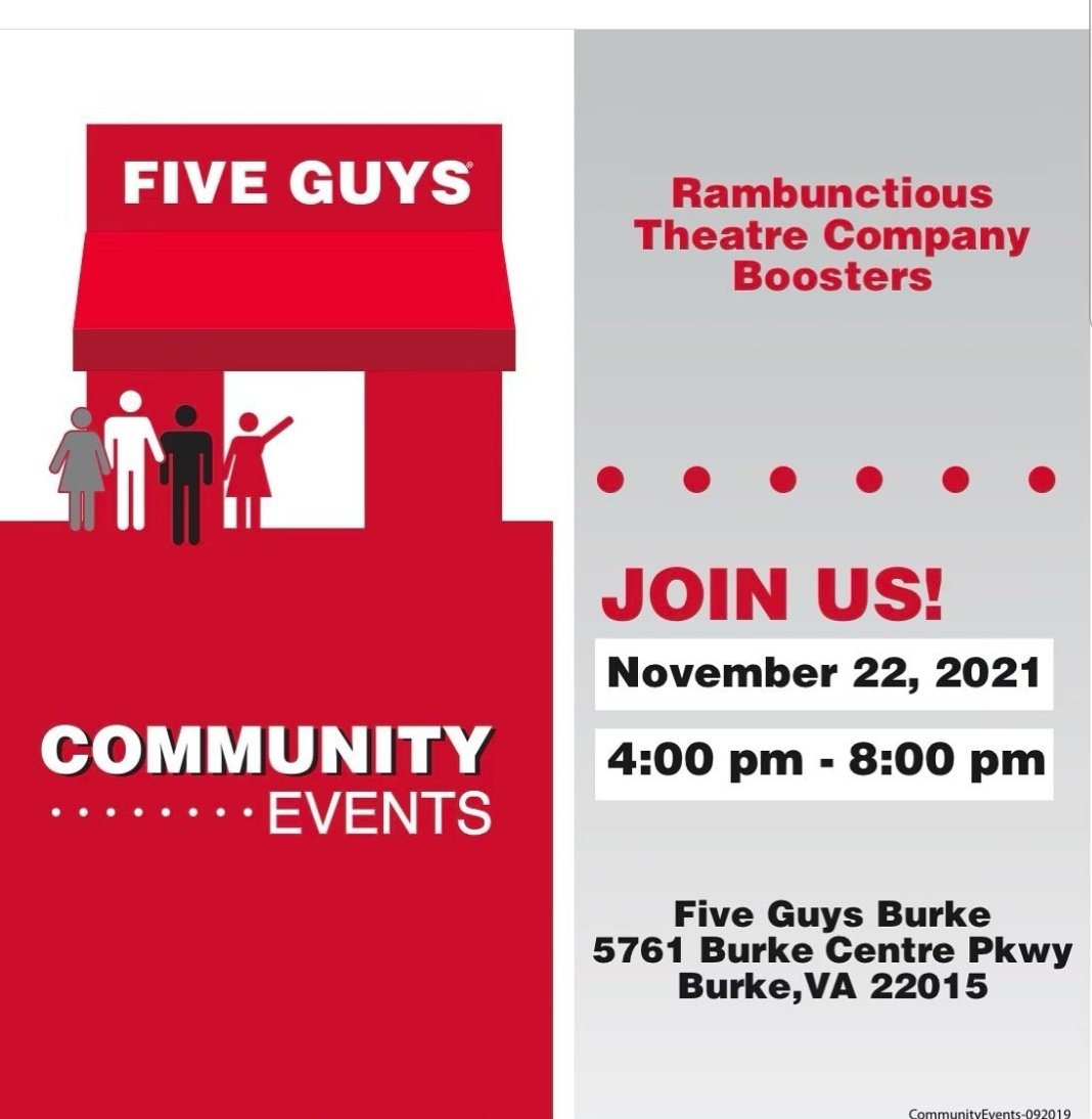 Congratulations to the cast and crew of BE MORE CHILL!! 
Now it’s time to have a great meal and support “Rambunctious Theatre company.  Show your support for some talented and amazing MS and HS students. 

WHERE: FIVE GUYS in BURKE
WHEN: NOV 22 MONDAY 4-8pm!!