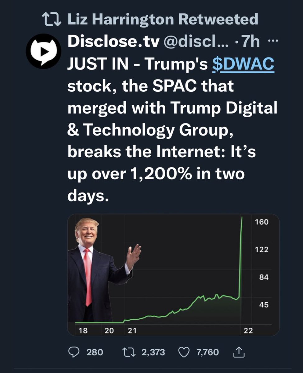 TomJChicago's tweet image. This is a smoking gun that could end Trump’s freedom if laws were properly enforced. He’s caught pumping the stock of DWAC, his pump &amp;amp; dump scam thru his spox Liz Harrington. This is illegal. She undid the retweet after the damage was already done &amp;amp; more investors were sucked in.