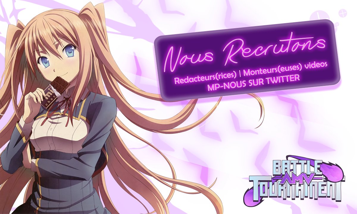 AmvBattle's tweet photo. [Recrutement]
Bonjour/Bonsoir 🥰

Nous sommes actuellement à la recherche de rédacteurs/rédactrices pour notre site web et Monteurs/Monteuses vidéos pour agrandir notre équipe d'AMV ! 

Pour en savoir plus, envoyez-nous un MP 🥳

#TeamAMV
#Amvbattletournament
#ABT
#anime
#manga https://t.co/fXlMeMKGqg