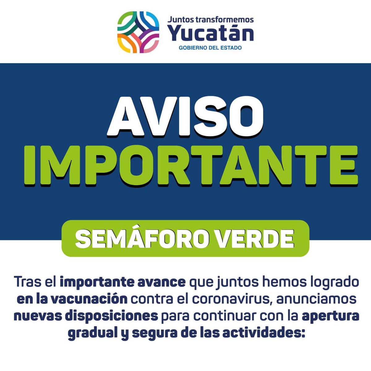 procivy's tweet photo. ¡AVISO IMPORTANTE!

#SemáforoVerde 🟢
Tras el importante avance que juntos hemos logrado en la vacunación contra el #Coronavirus, anunciamos nuevas disposiciones para continuar con la apertura gradual y segura de las actividades que se implementarán a partir del 22 de noviembre. https://t.co/ksHqRUmawY