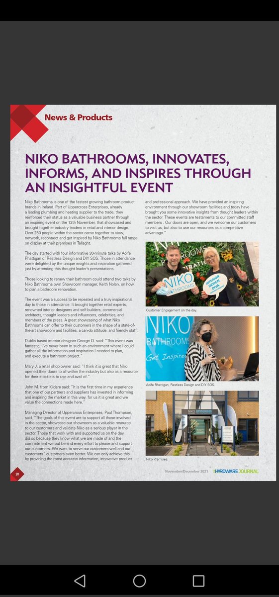 Great reporting on the Niko Bathrooms 12.11.21 Open doors to Inspiration Event by the Hardware Journal. Page 20, read it here: lnkd.in/ebC-aDQD

 #hardware #event #inspiration
