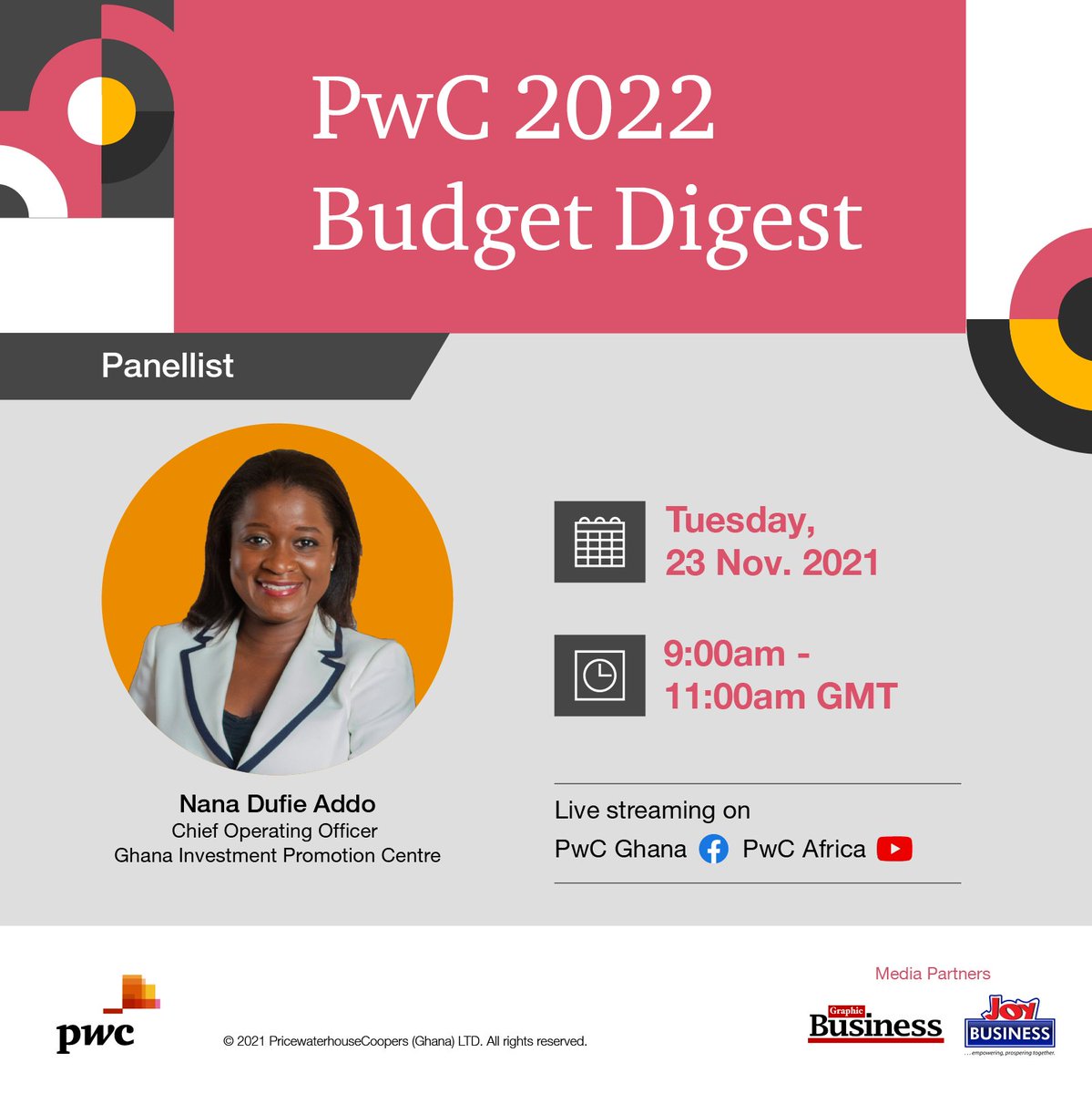 PwCGhana's tweet photo. Meet our expert panellist for our upcoming 2022 Budget Digest. 
#PwCGhana #GhanaBudget #BudgetDigest #Budget2022 #Ghanaeconomy #TaxLaws  
@ghanagipc 
@gipcghana
Ghana Investment Promotion Centre https://t.co/QfnW78JQPR