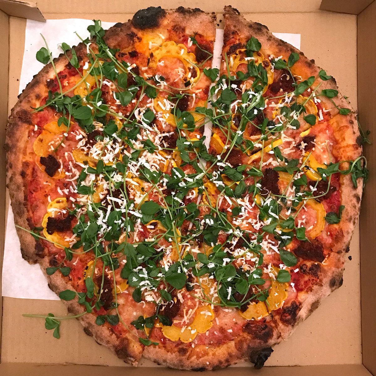 New special <a href="/SolsticePizza/">Aaron Baumhackl</a>. The Delicata: 'Nduja salami, Oak Rose delicata squash, &amp; marinara. Topped with ricotta salata &amp; Gorge Greens pea tendrils. Note, this is a spicy pizza with a hot salami.
