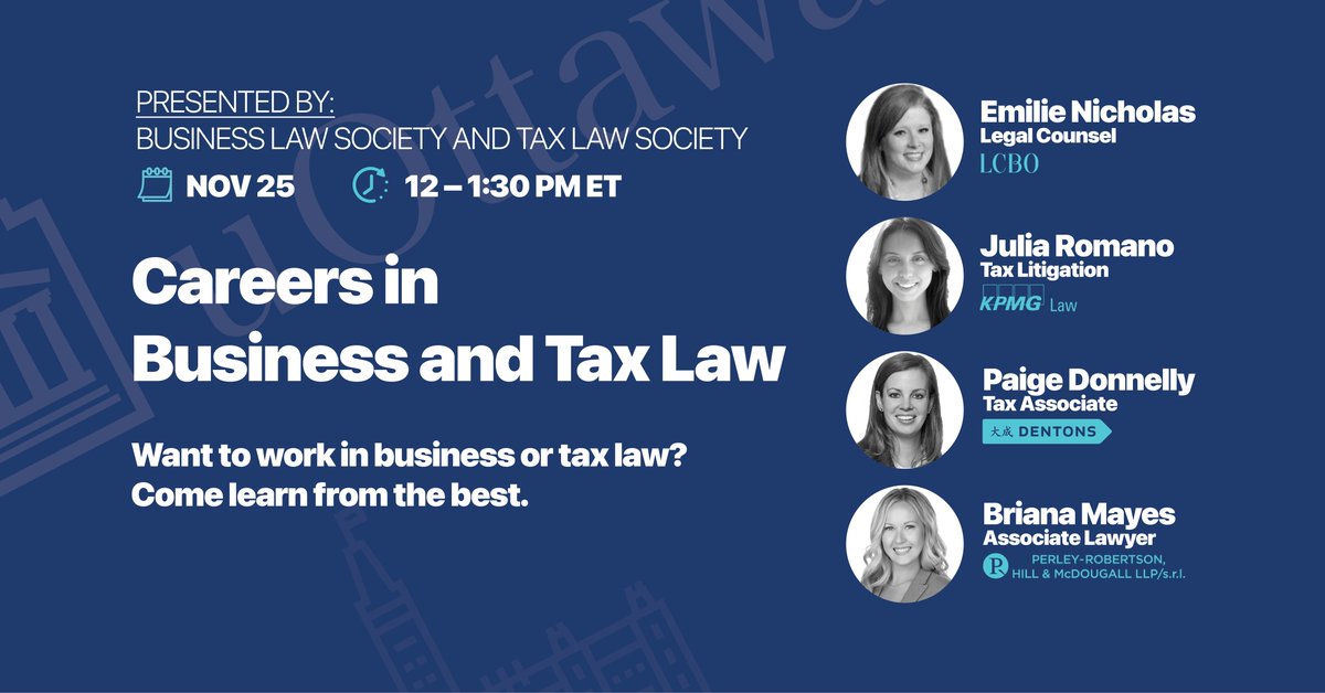uOttawaBLS's tweet photo. The uOttawa Business and Tax Law Societies invite you to an exciting Career panel this Thursday! Check out our Facebook event for details and registration. 
https://t.co/CnRQzAANUO https://t.co/S5BI0SK4k6