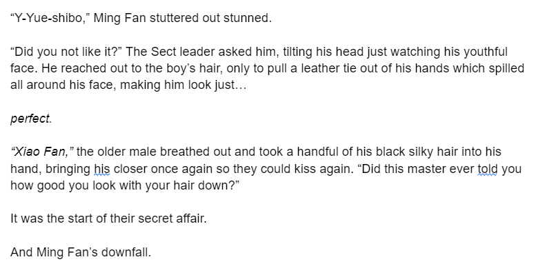 Lartharion's tweet photo. Unbetad, underage, thread for snippets from yandere YQY au who molds MF into his Xiao Jiu²
Will update this thread each day during the #MingFanWeek2021 with different scene from the au. It may contain abuse/grooming/trauma coping/nsfw
1/7
#QiFan #svsss
its 22th for me ok https://t.co/wNxlq2YfYb