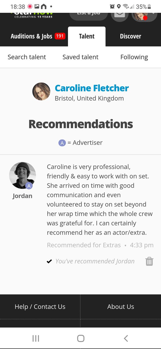 Cazfletcher1's tweet photo. Thank you Jordan! My first recommendation on @StarNow #NovemberPromotion #SupportBritish #StudentFilm https://t.co/Il2DzuNJ2W